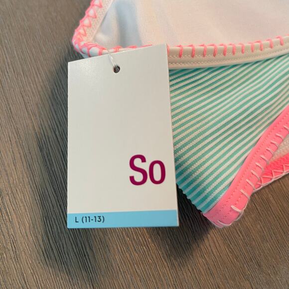SO Juniors Pop Stitch Ribbed High Neck Swim Bikini Top 360 Mint Size M (7-9) - Picture 8 of 9